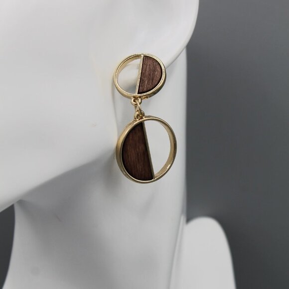 Jewelry earrings gold tone drop dangle elegant wooden modern fashion new - Picture 5 of 8